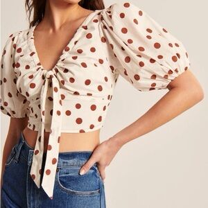 Abercrombie & Fitch Cream Puff Sleeve Crop Top with Brown Polka Dots